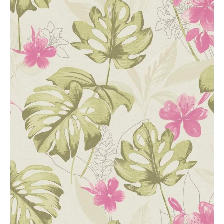 Papel pintado hojas de monstera y flores rosa - Darden 564570