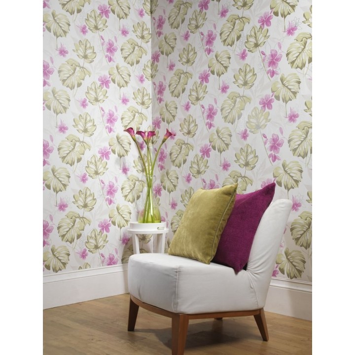 Papel pintado hojas de monstera y flores rosa - Darden 564570