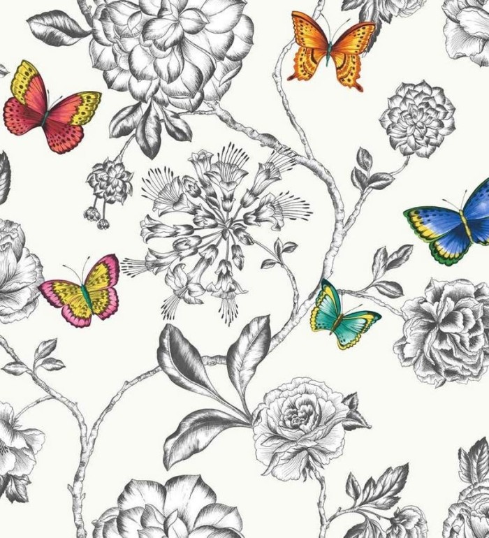 Papel pintado flores grandes vintage y mariposas chic - Rosemary 564595