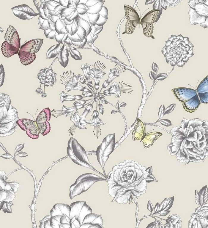 Papel pintado flores grandes vintage y mariposas chic - Rosemary 564596