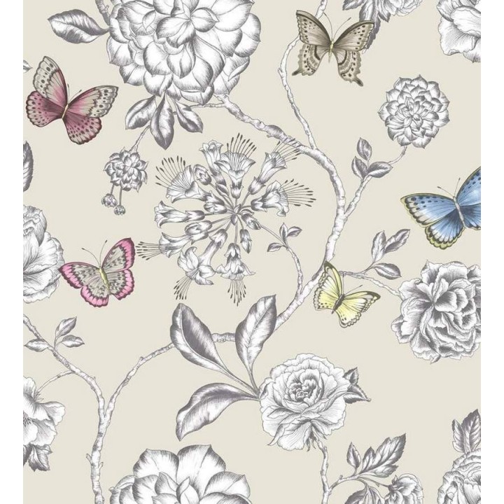 Papel pintado flores grandes vintage y mariposas chic - Rosemary 564596