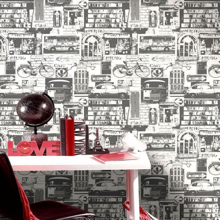 Papel pintado collage fotográfico urbano en blanco y negro - Cosmopolitan 564605