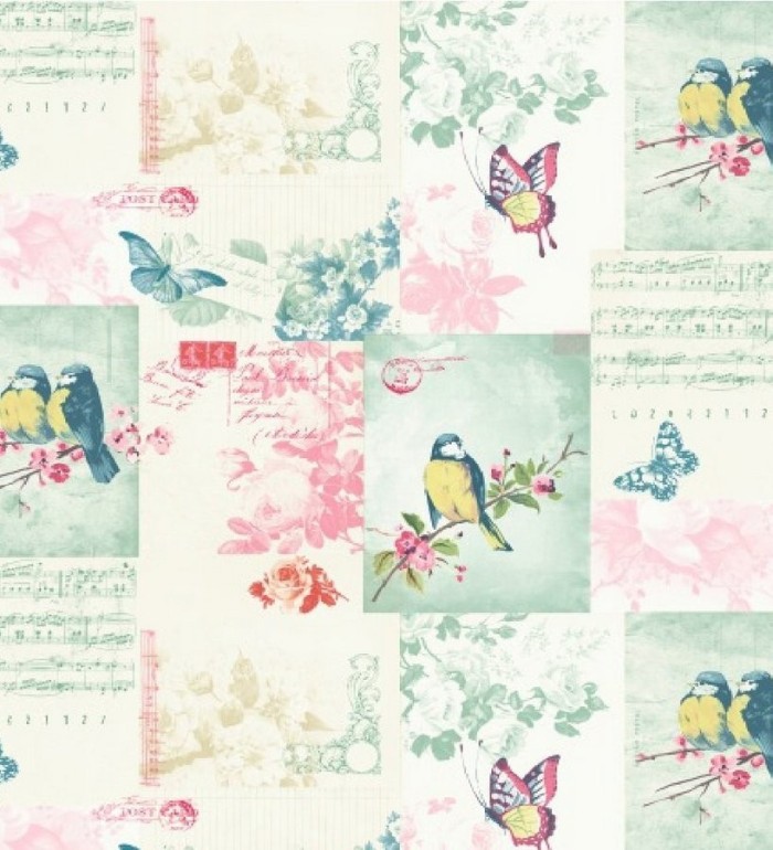 Papel pintado collage inglés de pájaros y mariposas - Giselle 564606