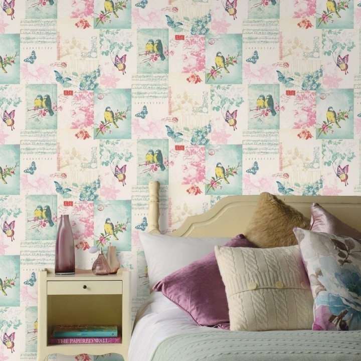 Papel pintado collage inglés de pájaros y mariposas - Giselle 564606