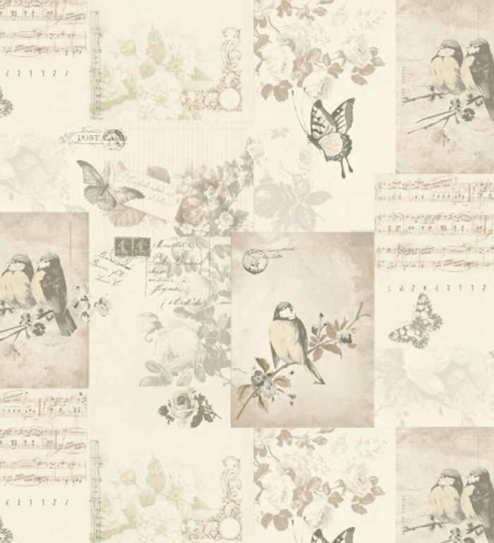 Papel pintado collage inglés de pájaros y mariposas - Giselle 564607