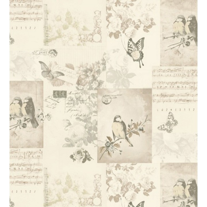 Papel pintado collage inglés de pájaros y mariposas - Giselle 564607