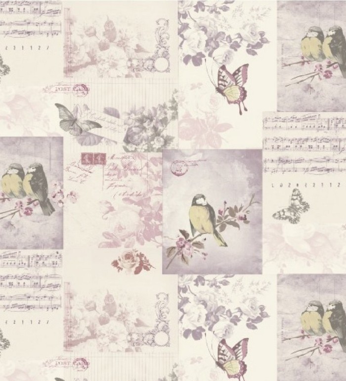 Papel pintado collage inglés de pájaros y mariposas - Giselle 564608