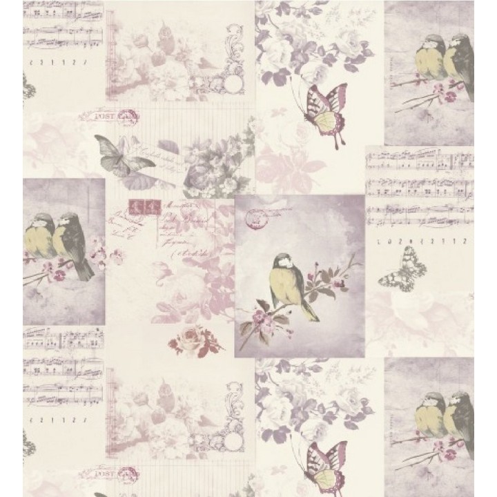 Papel pintado collage inglés de pájaros y mariposas - Giselle 564608
