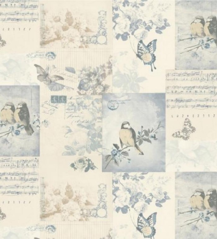 Papel pintado collage inglés de pájaros y mariposas - Giselle 564609