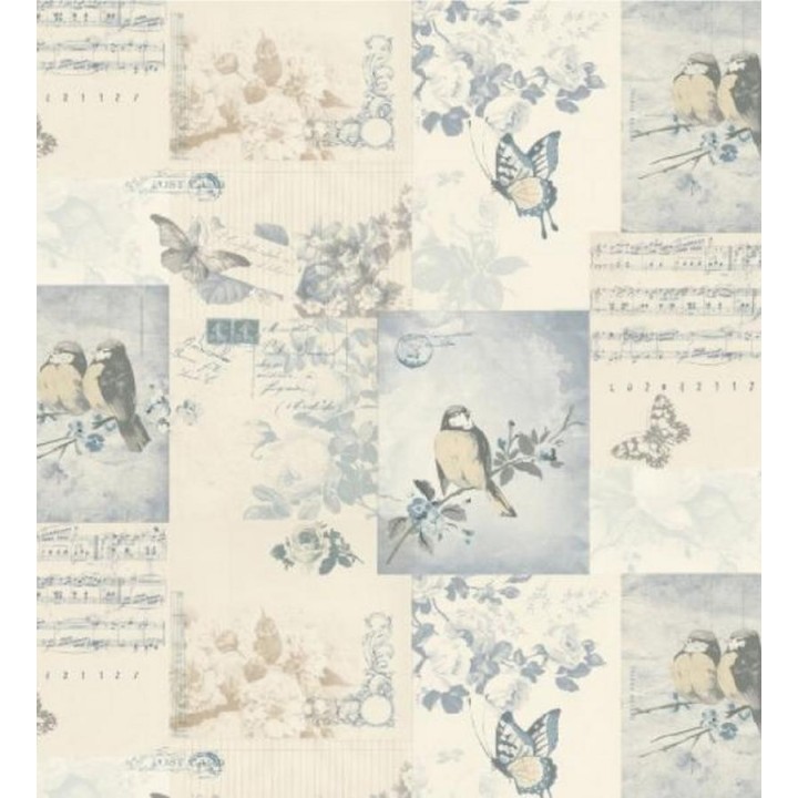 Papel pintado collage inglés de pájaros y mariposas - Giselle 564609