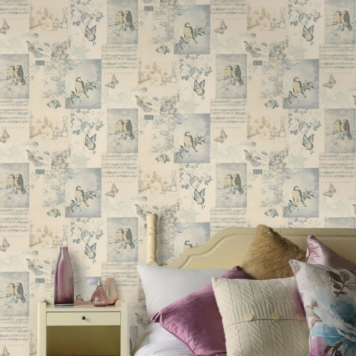 Papel pintado collage inglés de pájaros y mariposas - Giselle 564609