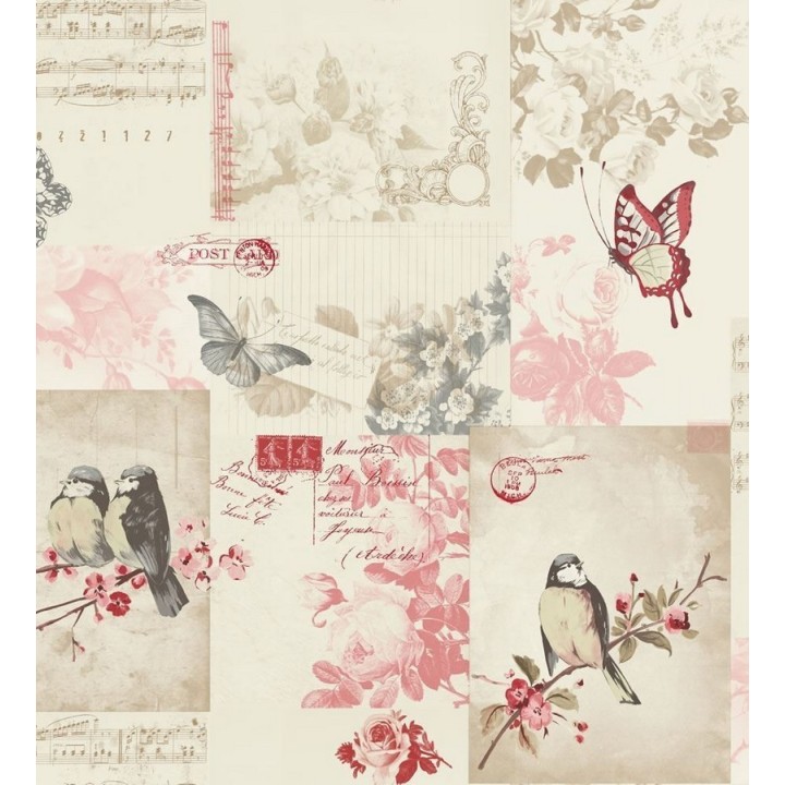 Papel pintado collage inglés de pájaros y mariposas - Giselle 564610