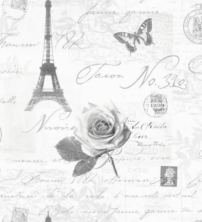 Papel pintado collage francés con letras y sellos blanco y negro - París Vintage 564614