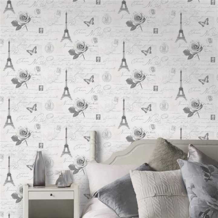 Papel pintado collage francés con letras y sellos blanco y negro - París Vintage 564614