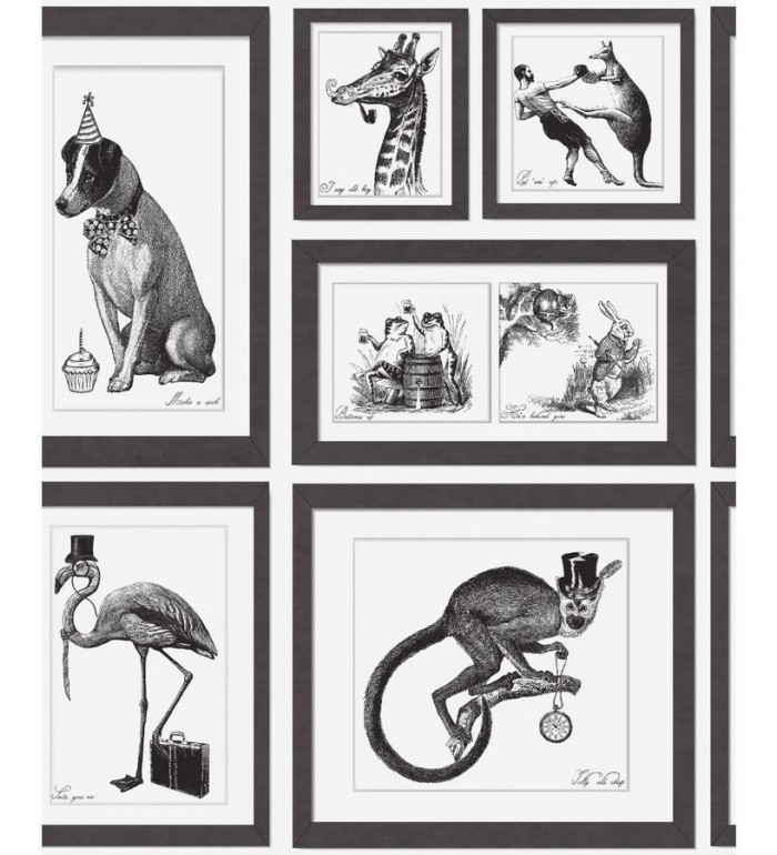 Papel pintado collage animales enmarcados blanco y negro - Vintage Animals 564618