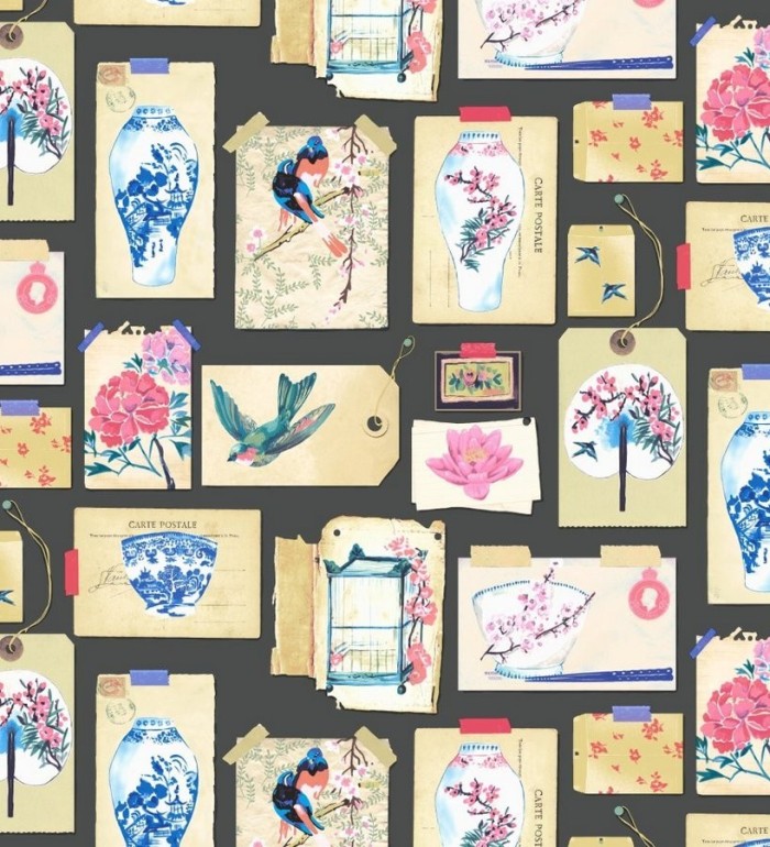 Papel pintado collage inglés de motivos orientales - Hirondelle 564622