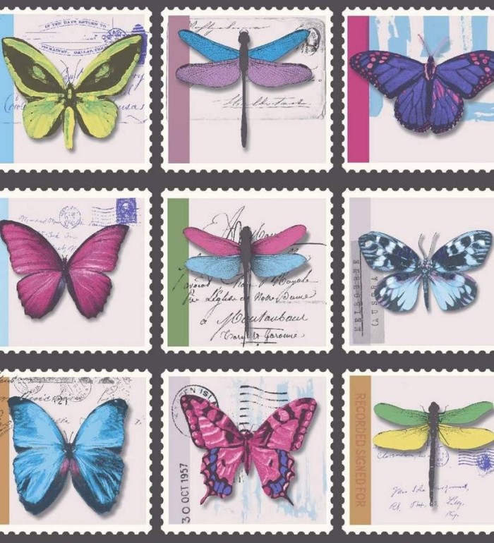 Papel pintado collage de mariposas de colección sobre sellos - Oursin 564623