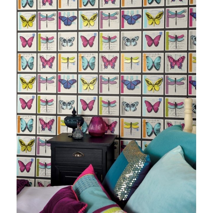 Papel pintado collage de mariposas de colección sobre sellos - Oursin 564623