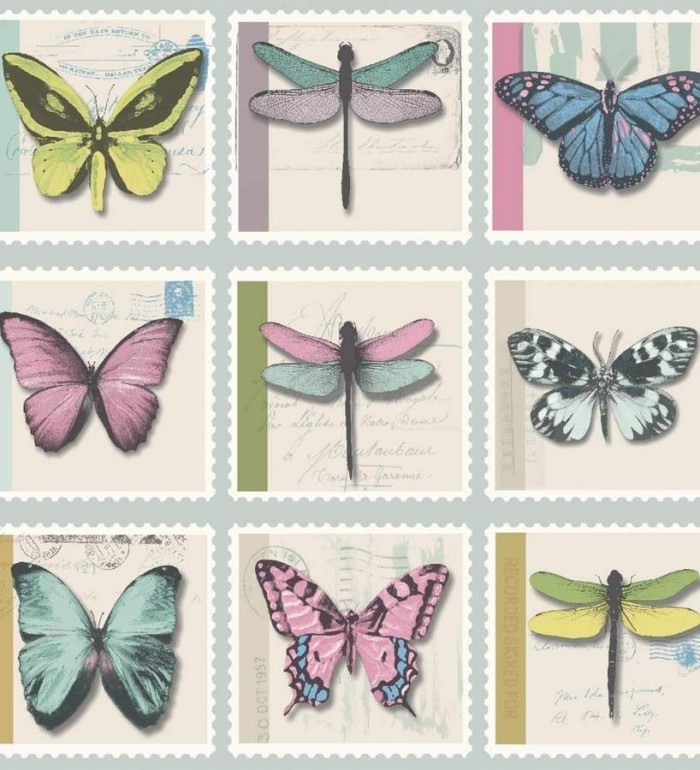 Papel pintado collage de mariposas de colección sobre sellos - Oursin 564625
