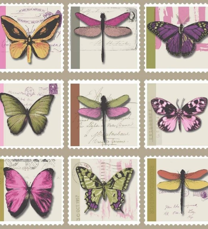 Papel pintado collage de mariposas de colección sobre sellos - Oursin 564626
