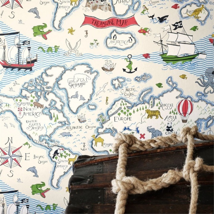 Papel pintado mapa del tesoro con barcos infantiles - Pirate Island 564945