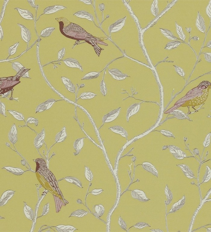 Papel pintado pájaros con espigas y ramas de árbol artístico - Lydie 565259