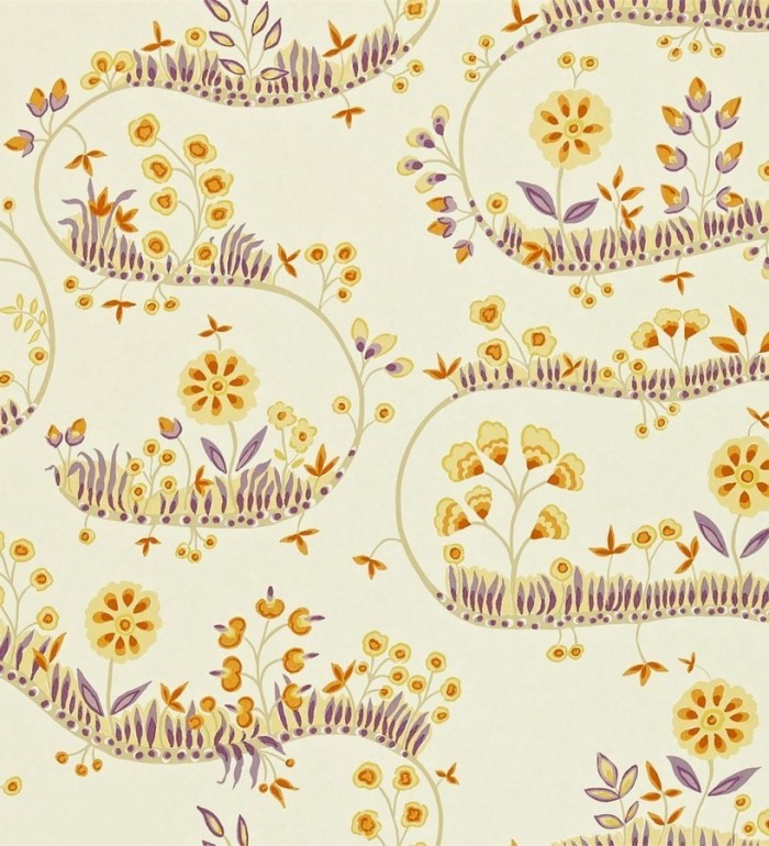 Papel pintado flores y hojas sobre líneas sinuosas vintage - Velia 565276