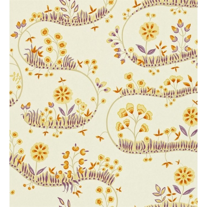 Papel pintado flores y hojas sobre líneas sinuosas vintage - Velia 565276