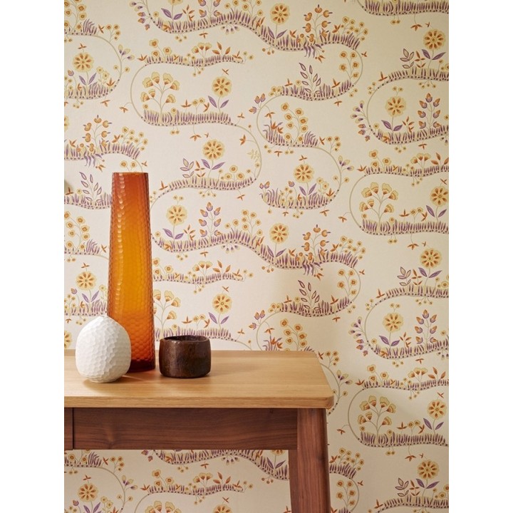 Papel pintado flores y hojas sobre líneas sinuosas vintage - Velia 565276