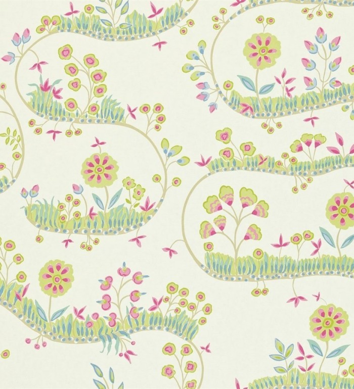 Papel pintado flores y hojas sobre líneas sinuosas vintage - Velia 565278