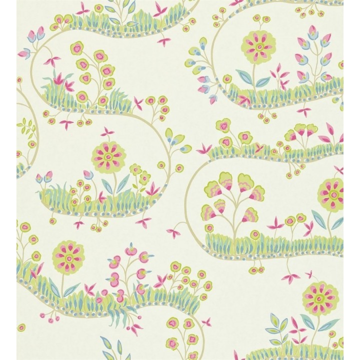 Papel pintado flores y hojas sobre líneas sinuosas vintage - Velia 565278