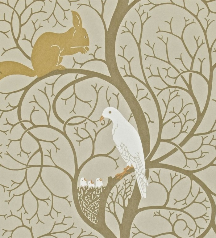 Papel pintado ardillas y pájaros en árbol estilo inglés - Nordic Birds 565454