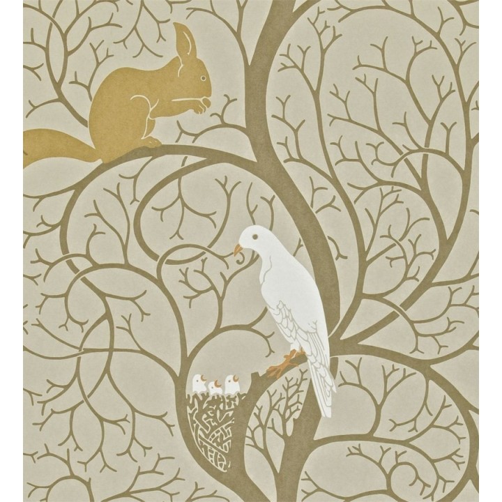 Papel pintado ardillas y pájaros en árbol estilo inglés - Nordic Birds 565454