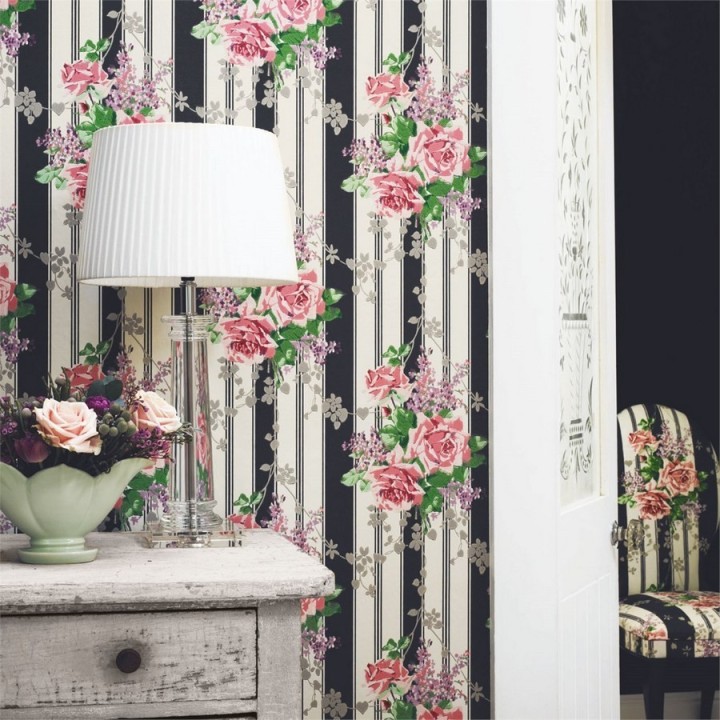 Papel pintado flores vintage románticas con fondo a rayas - Amaranta 565482