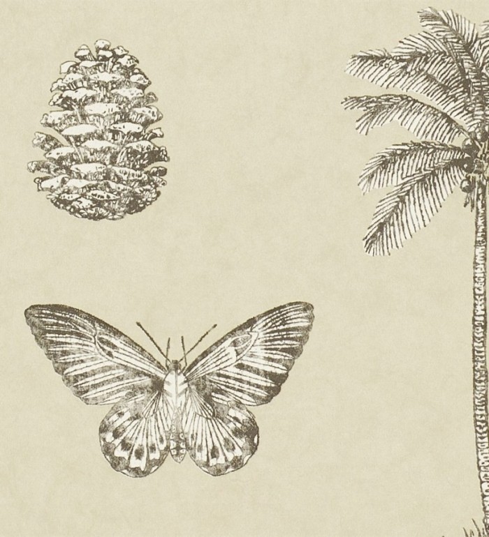 Papel pintado palmeras y piñas con mariposas vintage - Arvalis 565524