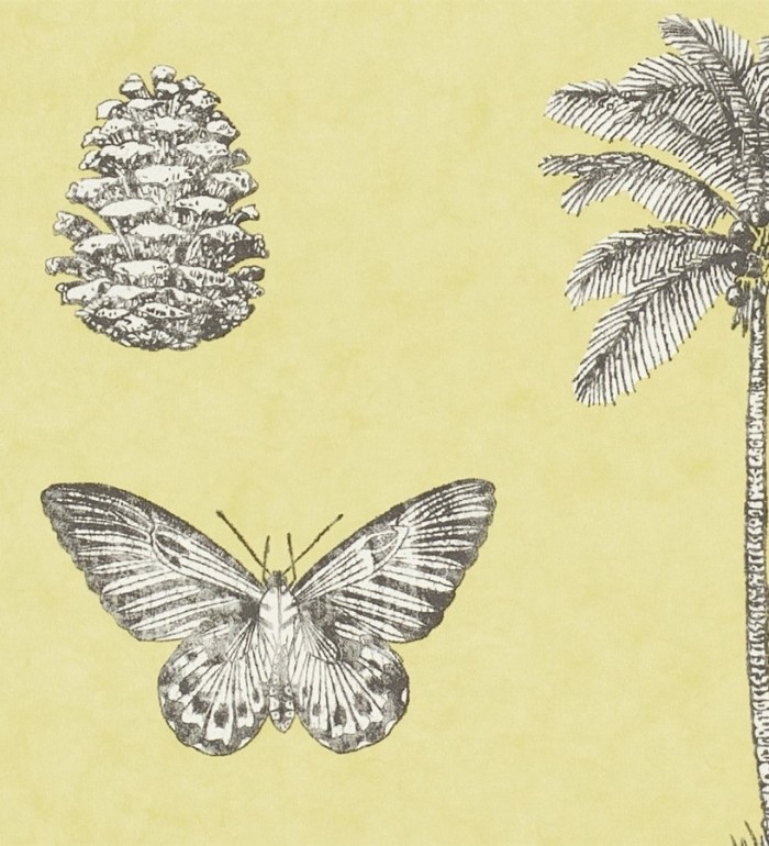 Papel pintado palmeras y piñas con mariposas vintage - Arvalis 565525
