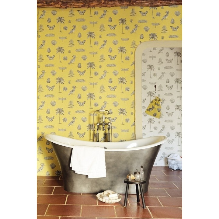 Papel pintado palmeras y piñas con mariposas vintage - Arvalis 565525