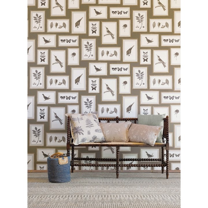 Papel pintado collage inglés de hojas y pájaros enmarcados - Moray 565540