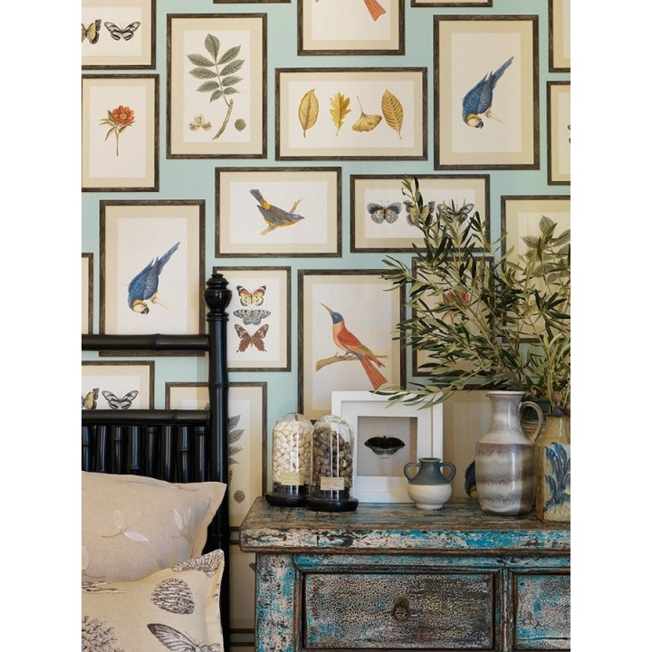 Papel pintado collage inglés de hojas y pájaros enmarcados - Moray 565542