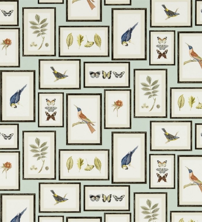 Papel pintado collage inglés de hojas y pájaros enmarcados - Moray 565543