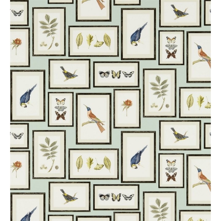 Papel pintado collage inglés de hojas y pájaros enmarcados - Moray 565543