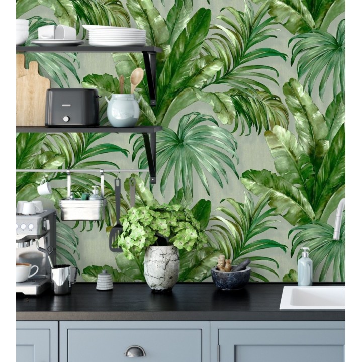 Papel pintado de hojas tropicales con relieve efecto pintura al óleo - Habana Tropical 676368