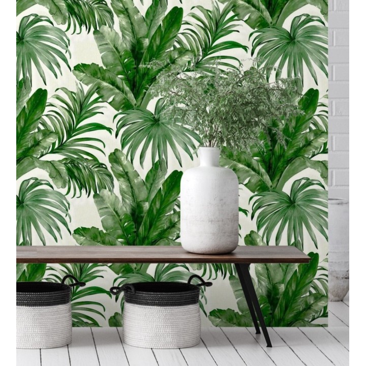 Papel pintado de hojas tropicales con relieve efecto pintura al óleo - Habana Tropical 676369