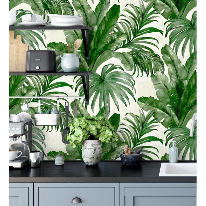 Papel pintado de hojas tropicales con relieve efecto pintura al óleo - Habana Tropical 676369