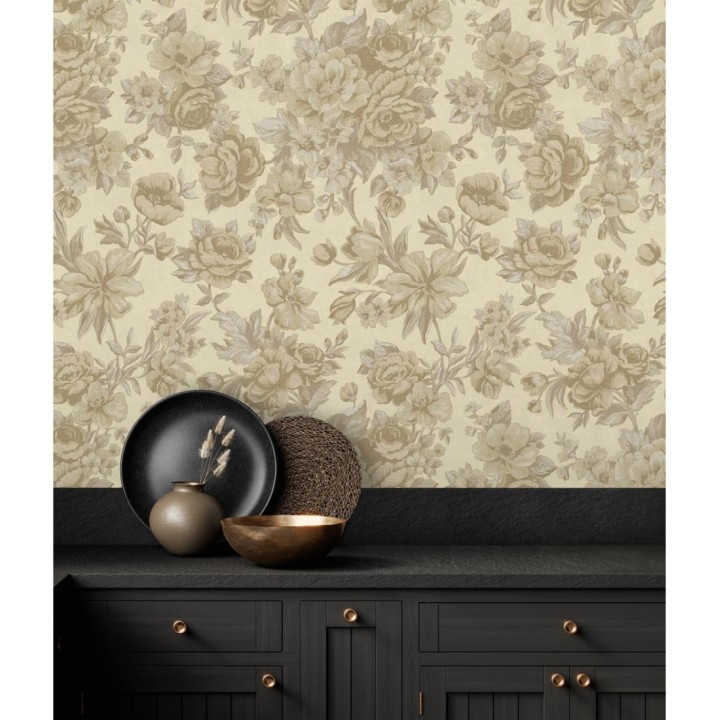 Papel pintado flores románticas barrocas efecto bordado con relieve - Anastasia Garden 676415