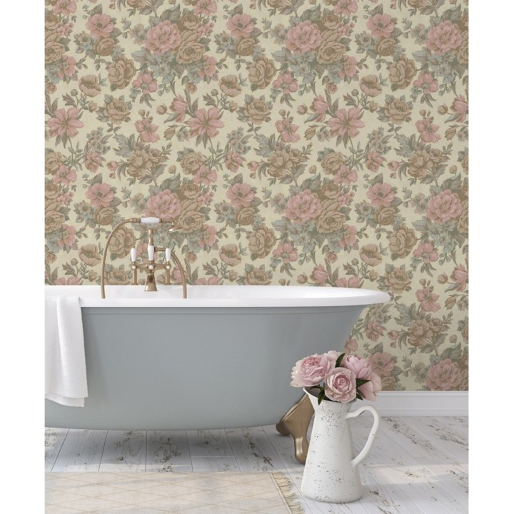 Papel pintado flores románticas barrocas efecto bordado con relieve - Anastasia Garden 676416