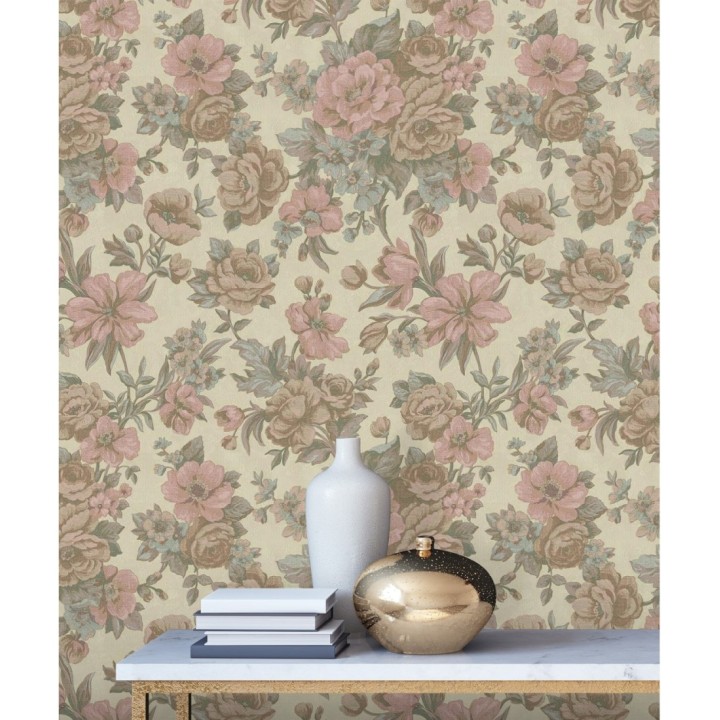 Papel pintado flores románticas barrocas efecto bordado con relieve - Anastasia Garden 676416