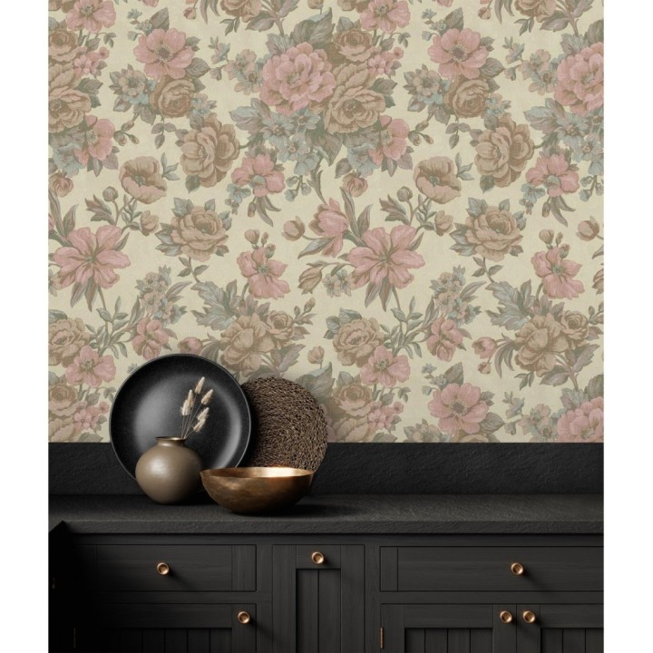 Papel pintado flores románticas barrocas efecto bordado con relieve - Anastasia Garden 676416