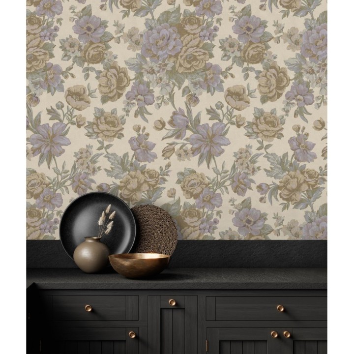 Papel pintado flores románticas barrocas efecto bordado con relieve - Anastasia Garden 676417