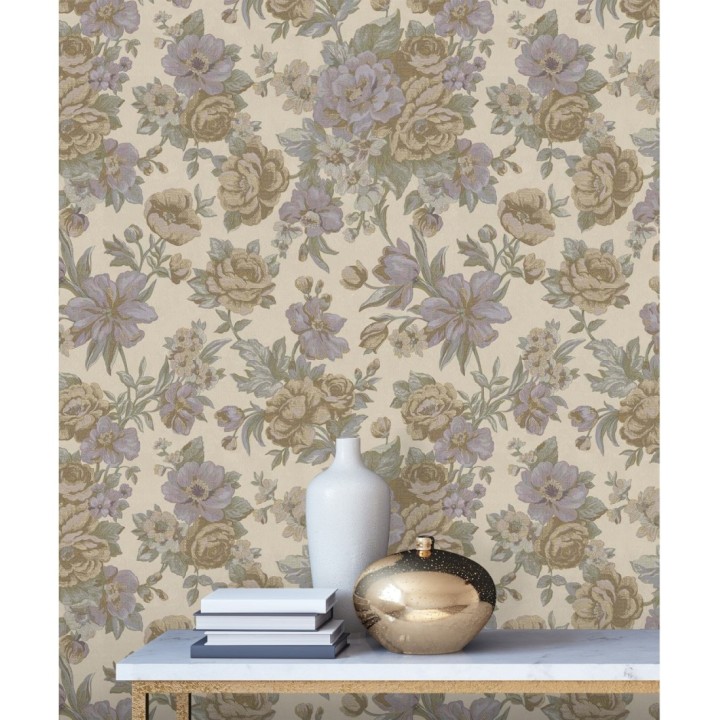 Papel pintado flores románticas barrocas efecto bordado con relieve - Anastasia Garden 676417